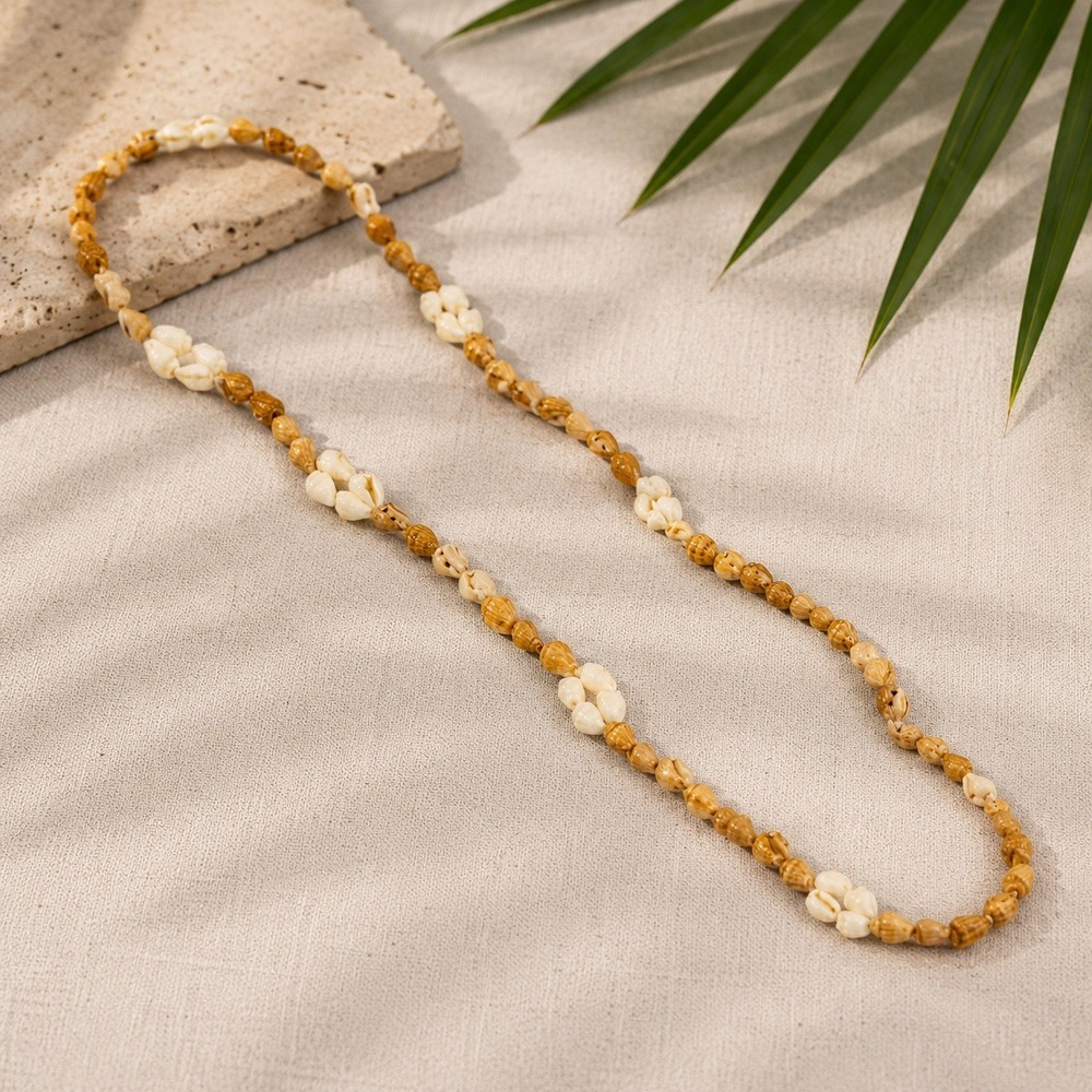 Coastal Beaded and Tiny Seashell Necklaces Tan Cream Boho‎ Summer Accessory